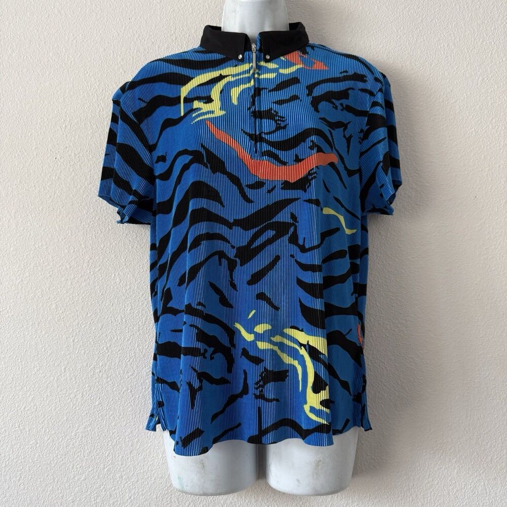 Jamie Sadock Womens Golf Polo Shirt Size L Blue Black Tiger Print 1/4 Zip Pleats